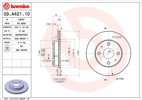 Brembo 09.A421.10 - Тормозной диск unicars.by