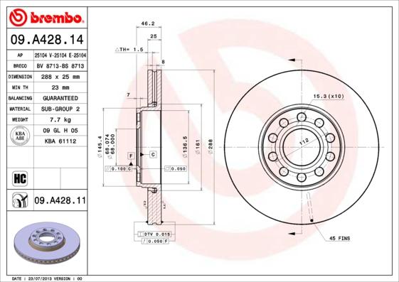 Brembo 09.A428.11 - Тормозной диск unicars.by