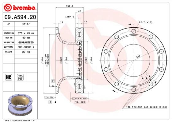 Brembo 09.A594.20 - Тормозной диск unicars.by