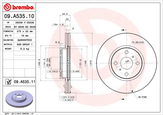 Brembo 09.A535.11 - Тормозной диск unicars.by