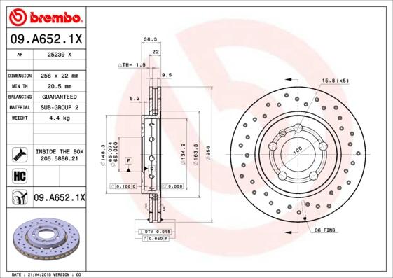 Brembo 09.A652.1X - Тормозной диск unicars.by