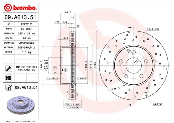 Brembo 09.A613.51 - Тормозной диск unicars.by