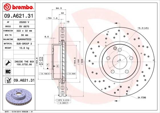 Brembo 09.A621.31 - Тормозной диск unicars.by