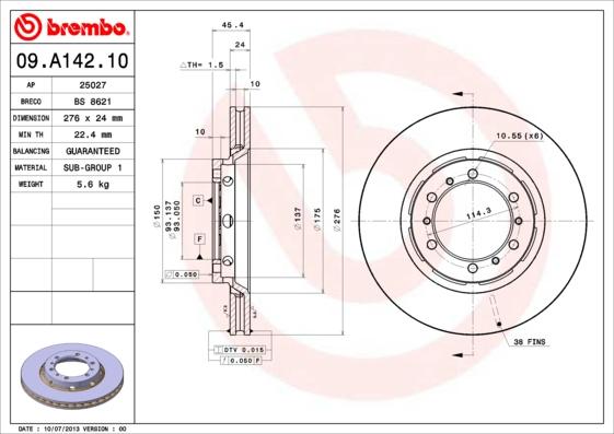 Brembo 09.A142.10 - Тормозной диск unicars.by