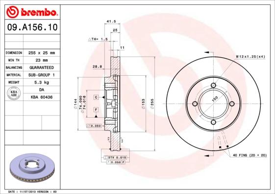 Brembo 09.A156.10 - Тормозной диск unicars.by