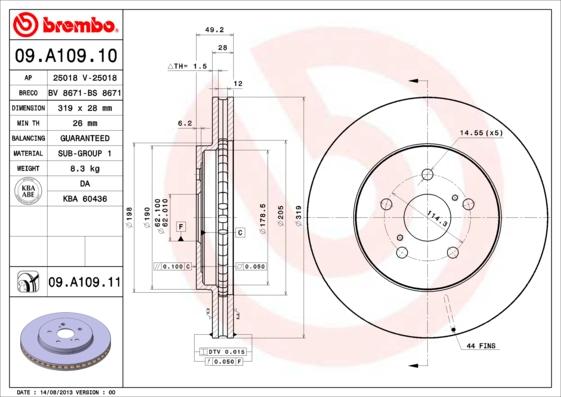 Brembo 09.A109.10 - Тормозной диск unicars.by