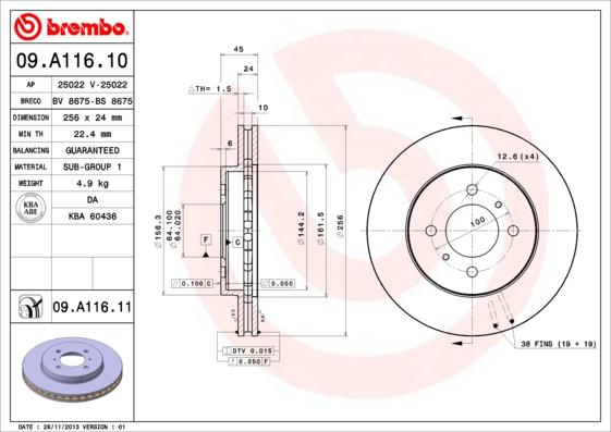 Brembo 09.A116.10 - Тормозной диск unicars.by