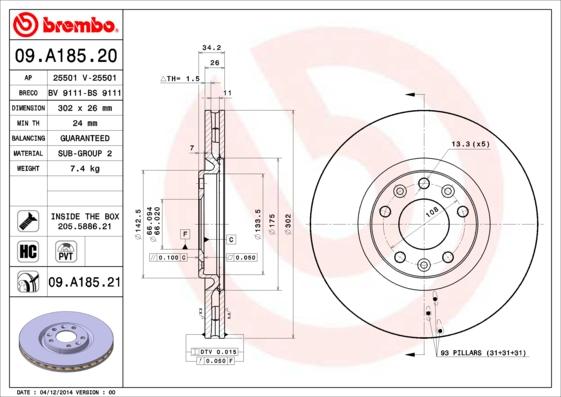 Brembo 09.A185.21 - Тормозной диск unicars.by