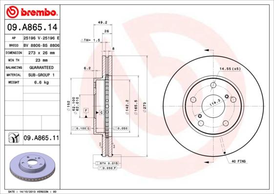 Brembo 09.A865.11 - Тормозной диск unicars.by