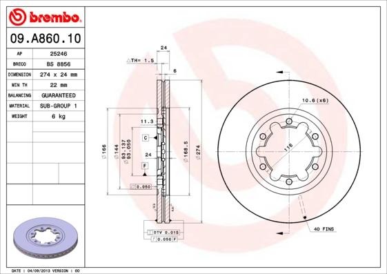 Brembo 09.A860.10 - Тормозной диск unicars.by