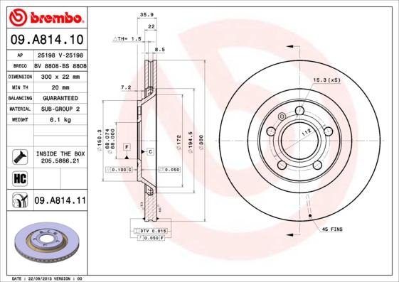 Brembo 09.A814.10 - Тормозной диск unicars.by