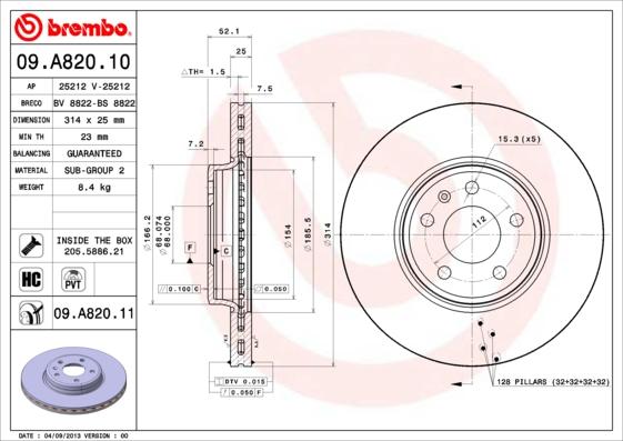 Brembo 09.A820.11 - Тормозной диск unicars.by