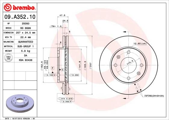 Brembo 09.A352.10 - Тормозной диск unicars.by