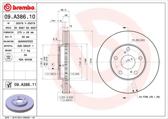 Brembo 09.A386.10 - Тормозной диск unicars.by