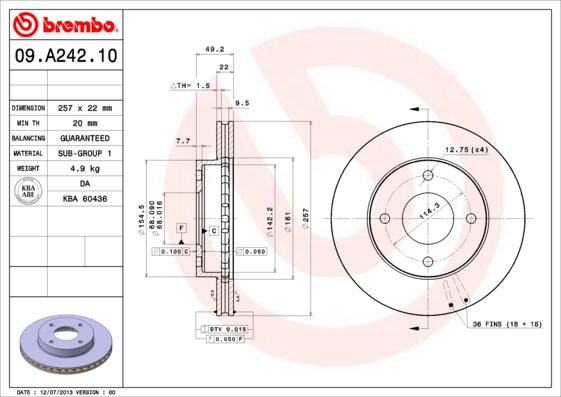 Brembo 09.A242.10 - Тормозной диск unicars.by