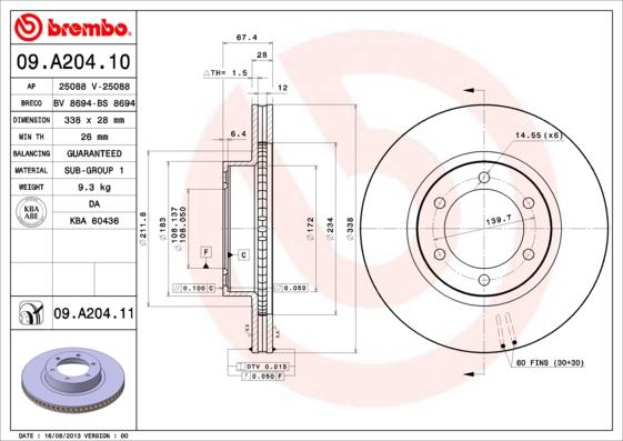 Brembo 09.A204.10 - Тормозной диск unicars.by