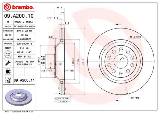 Brembo 09.A200.10 - Тормозной диск unicars.by