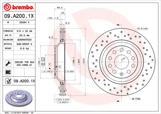 Brembo 09.A200.1X - Тормозной диск unicars.by