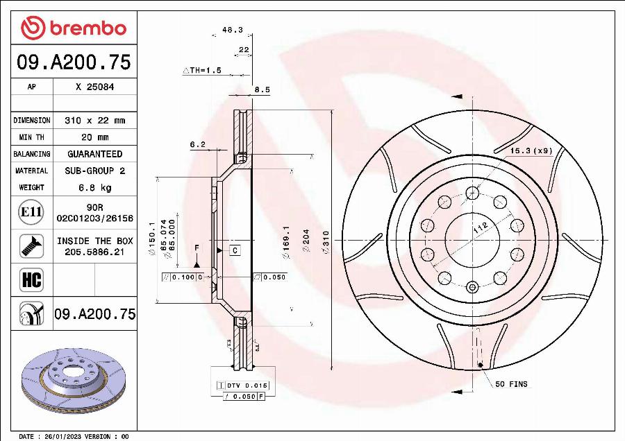 Brembo 09.A200.75 - Тормозной диск unicars.by