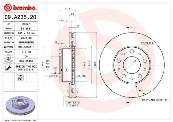 Brembo 09.A235.20 - Тормозной диск unicars.by