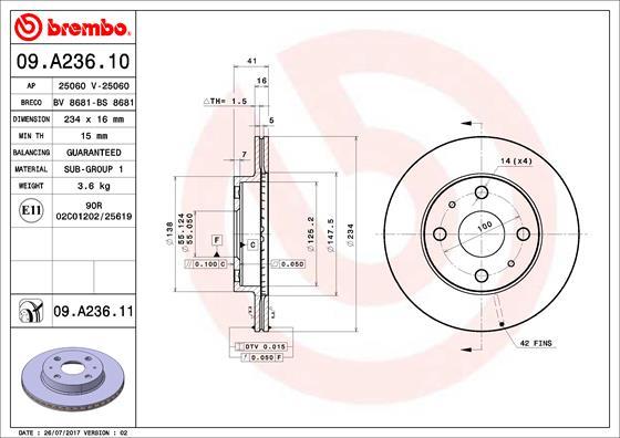 Brembo 09.A236.11 - Тормозной диск unicars.by