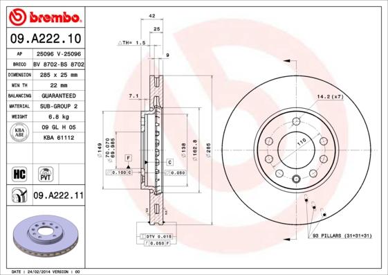 Brembo 09.A222.10 - Тормозной диск unicars.by