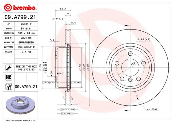 Brembo 09.A799.21 - Тормозной диск unicars.by