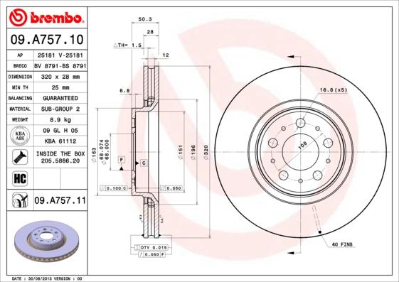 Brembo 09.A757.10 - Тормозной диск unicars.by