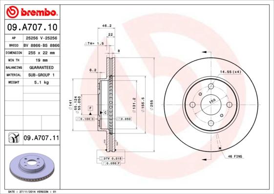 Brembo 09.A707.10 - Тормозной диск unicars.by