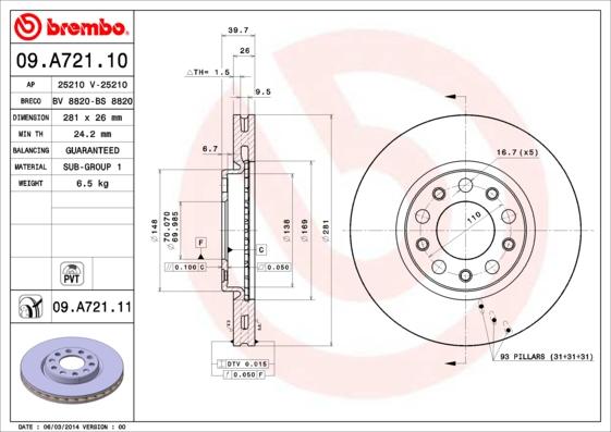 Brembo 09.A721.11 - Тормозной диск unicars.by