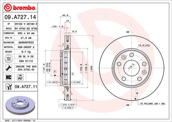 Brembo 09.A727.11 - Тормозной диск unicars.by