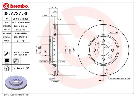 Brembo 09.A727.31 - Тормозной диск unicars.by