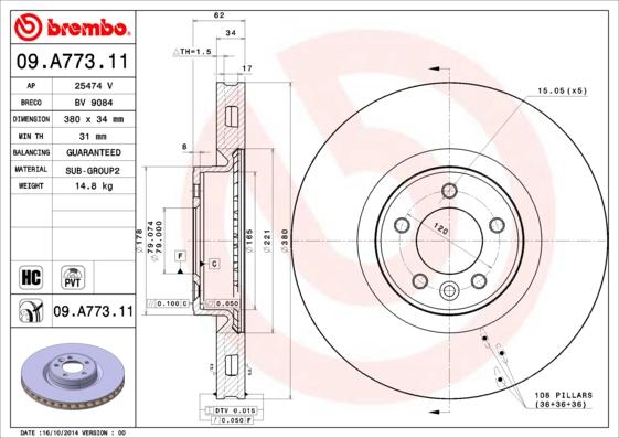 Brembo 09.A773.11 - Тормозной диск unicars.by