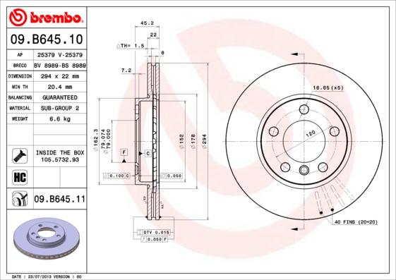 Brembo 09.B645.11 - Тормозной диск unicars.by