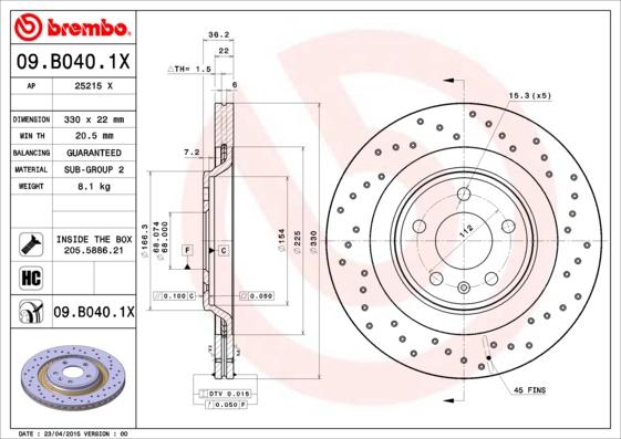 Brembo 09.B040.1X - Тормозной диск unicars.by