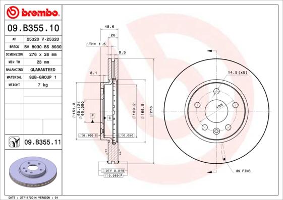 Brembo 09.B355.10 - Тормозной диск unicars.by