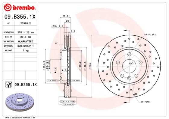 Brembo 09.B355.1X - Тормозной диск unicars.by