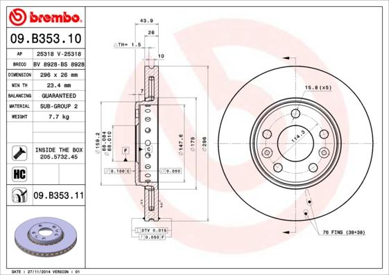 Brembo 09.B353.11 - Тормозной диск unicars.by