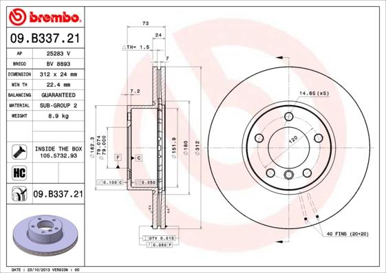 Brembo 09.B337.21 - Тормозной диск unicars.by