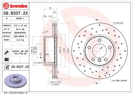 Brembo 09.B337.2X - Тормозной диск unicars.by