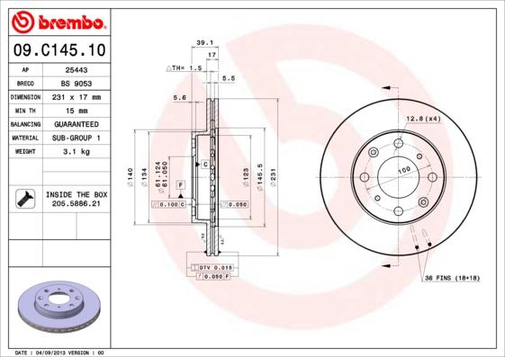 Brembo 09.C145.10 - Тормозной диск unicars.by