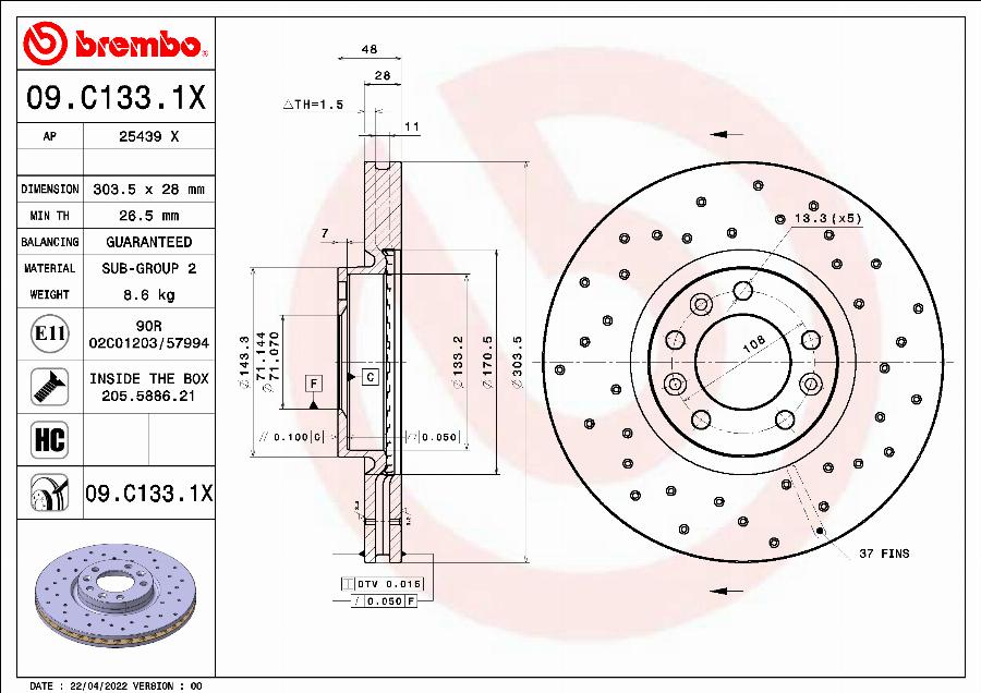 Brembo 09.C133.1X - Тормозной диск unicars.by