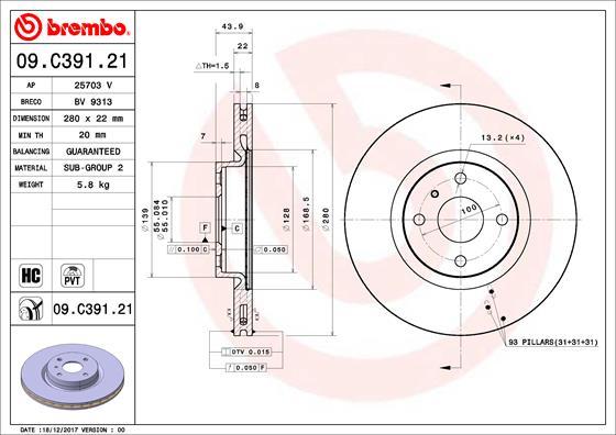 Brembo 09.C391.21 - Тормозной диск unicars.by