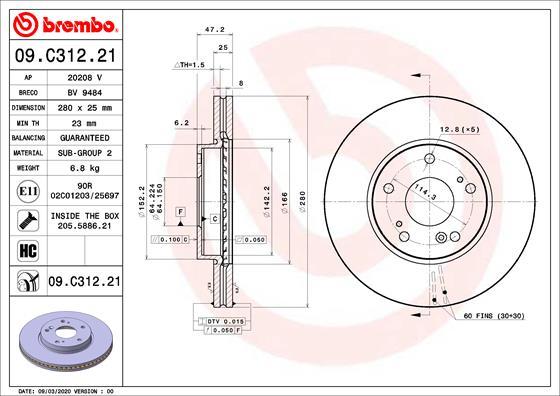 Brembo 09.C312.21 - Тормозной диск unicars.by