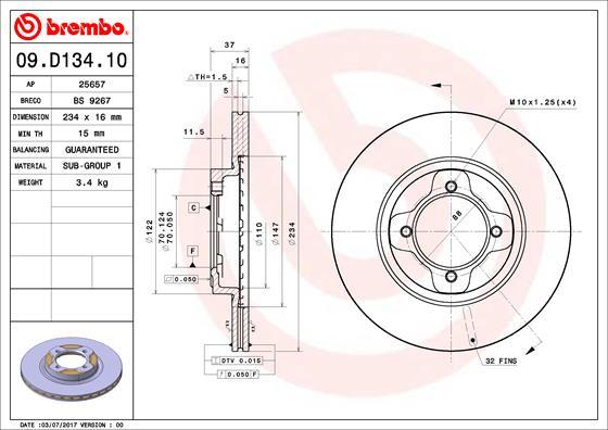 Brembo 09.D134.10 - Тормозной диск unicars.by