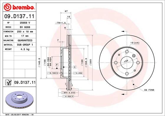 Brembo 09.D137.11 - Тормозной диск unicars.by