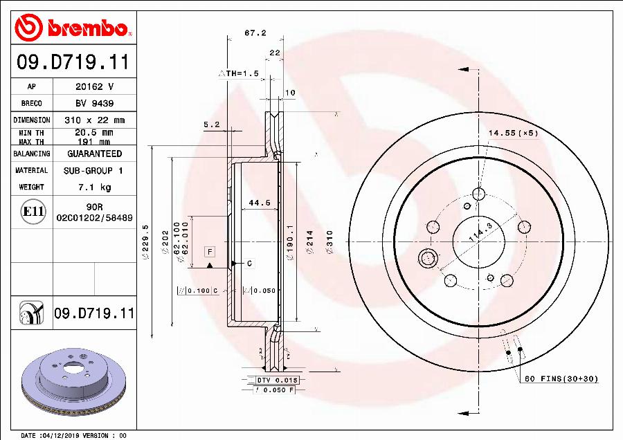 Brembo 09.D719.11 - Тормозной диск unicars.by