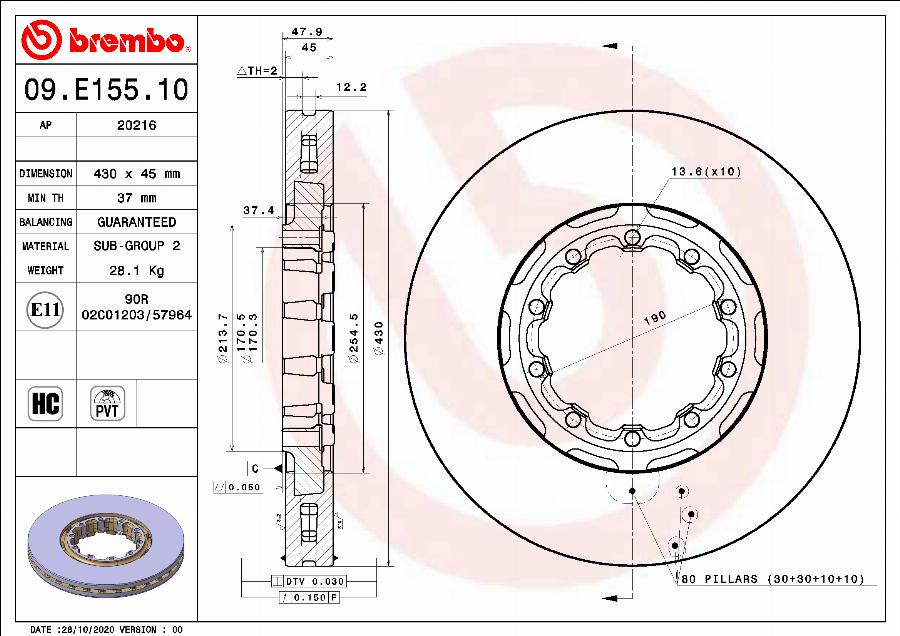 Brembo 09.E155.10 - Тормозной диск unicars.by