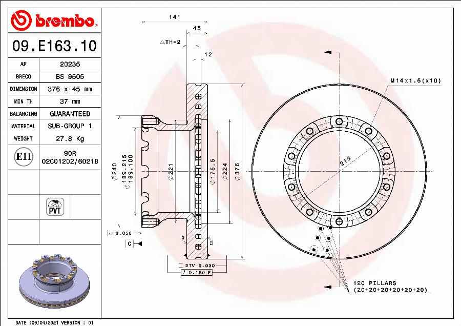 Brembo 09.E163.10 - Тормозной диск unicars.by