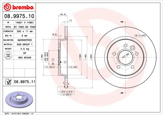 Brembo 08.9975.10 - Тормозной диск unicars.by